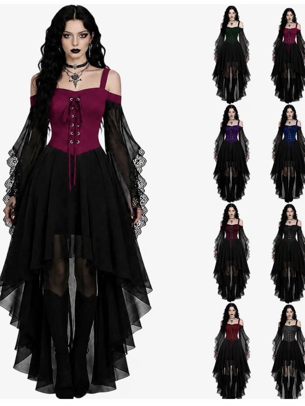 Size L Gothic Off-Shoulder High-Low Dress with Corset Bodice - Wine